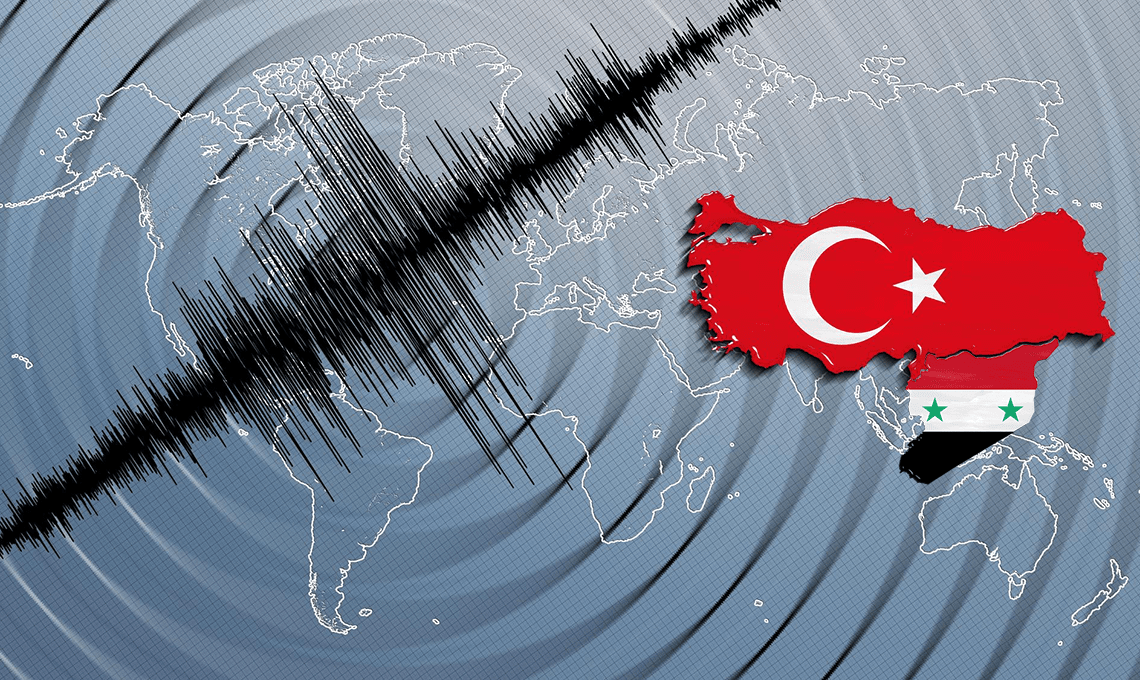 Seismograph schlägt aus Türkei und Syrien werden auf der Landkarte hervorgehoben